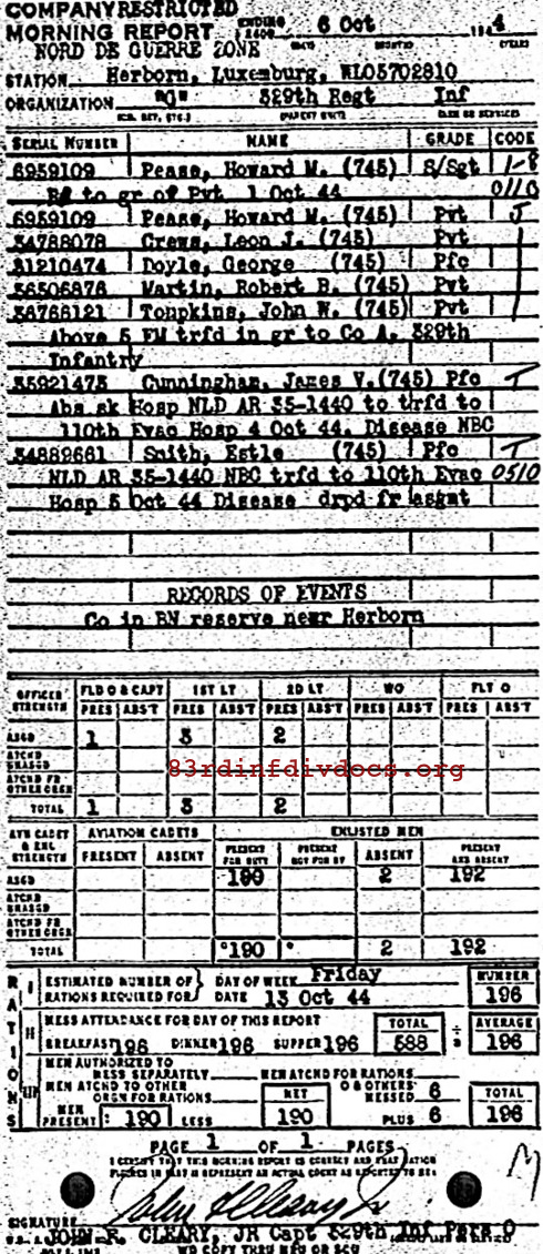 Morning report G Co, 1944-10-06, page 1 Morning report