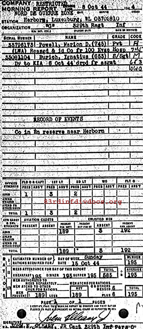 Morning report G Co, 1944-10-08, page 1 Morning report