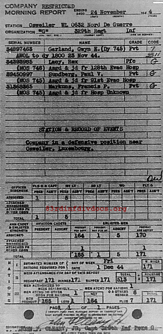 Morning report G Co, 1944-11-24, page 1 Morning report