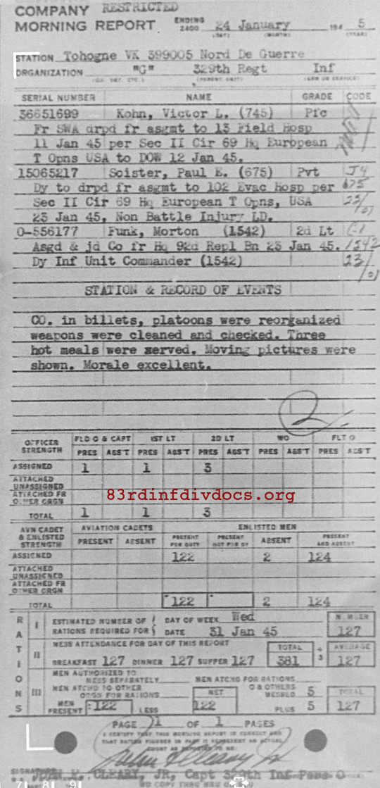 Morning report G Co, 1945-01-24, page 1 Morning report