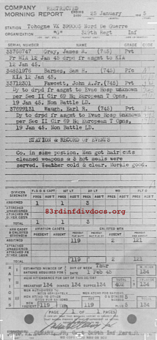 Morning report G Co, 1945-01-25, page 1 Morning report