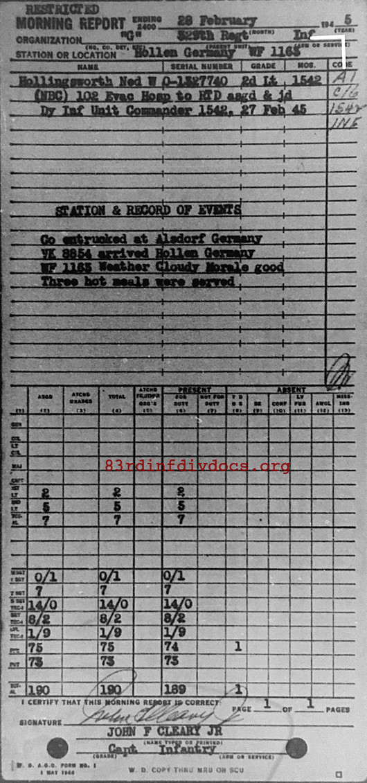 Morning report G Co, 1945-02-28, page 1 Morning report
