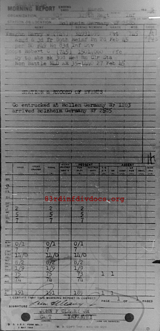 Morning report G Co, 1945-03-01, page 1 Morning report