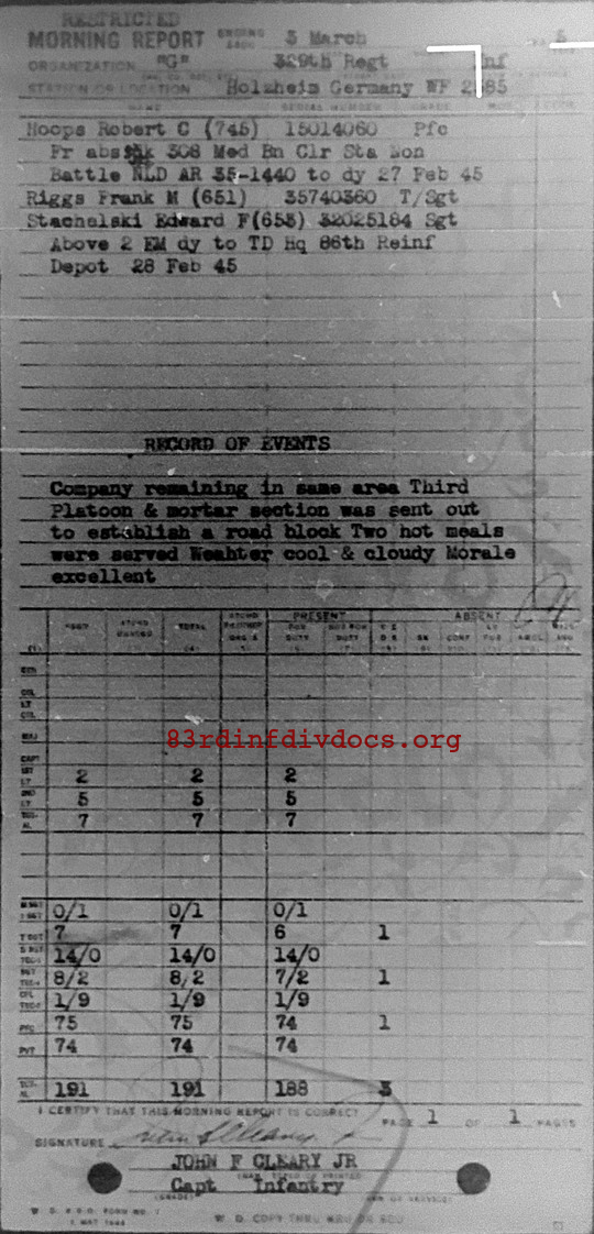 Morning report G Co, 1945-03-03, page 1 Morning report