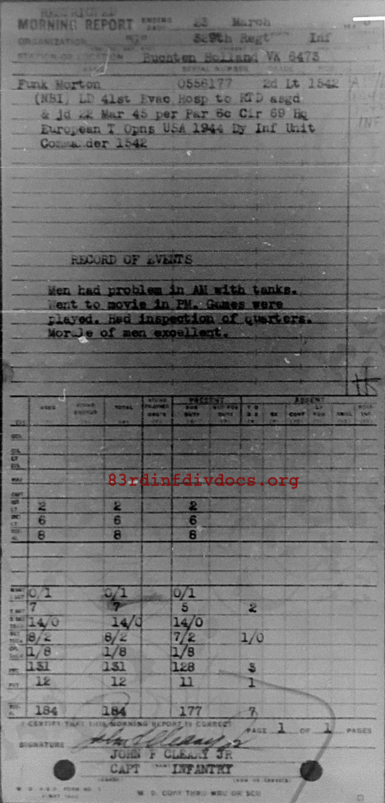Morning report G Co, 1945-03-23, page 1 Morning report
