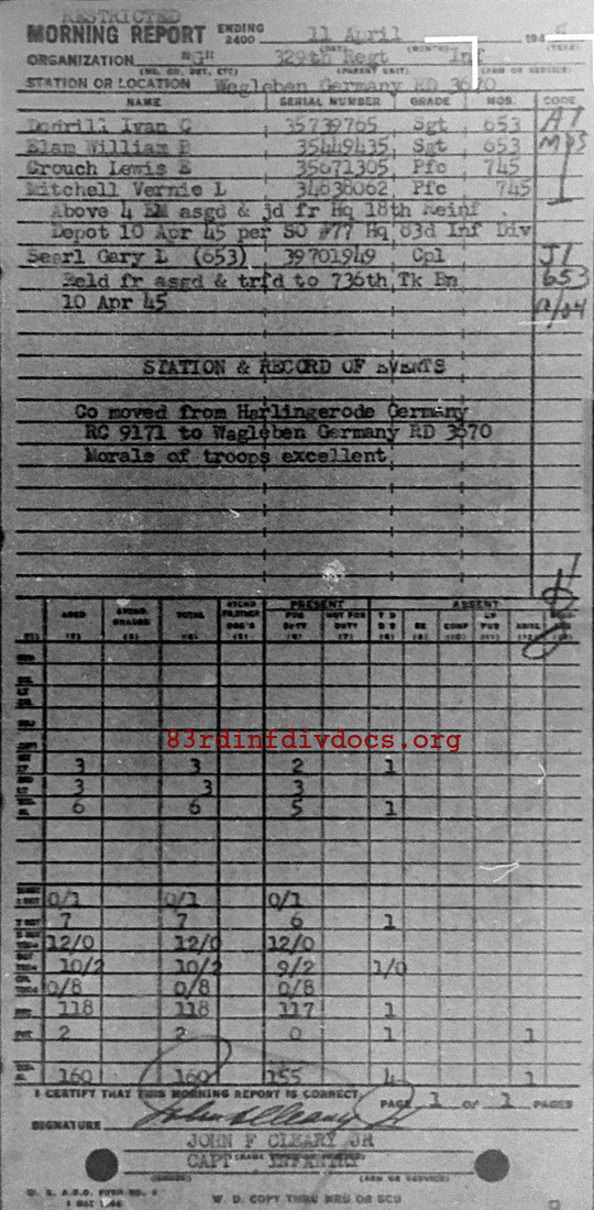 Morning report G Co, 1945-04-11, page 1 Morning report