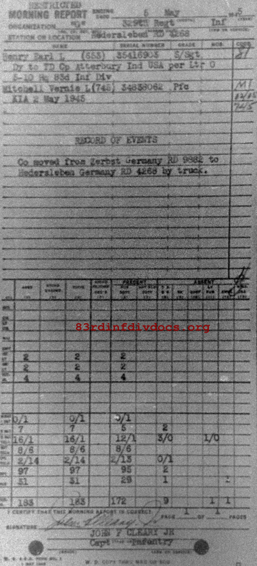 Morning report G Co, 1945-05-05, page 1 Morning report