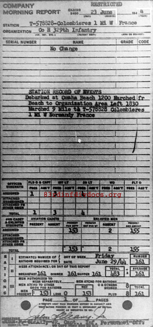 Morning report H Co, 1944-06-23, page 1 Morning report