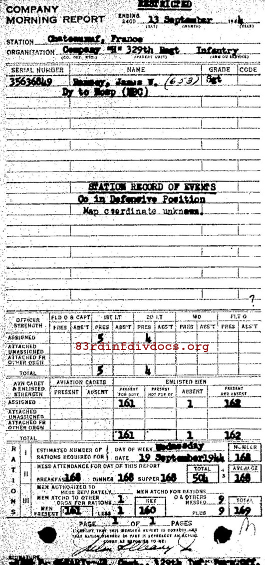 Morning report H Co, 1944-09-13, page 1 Morning report