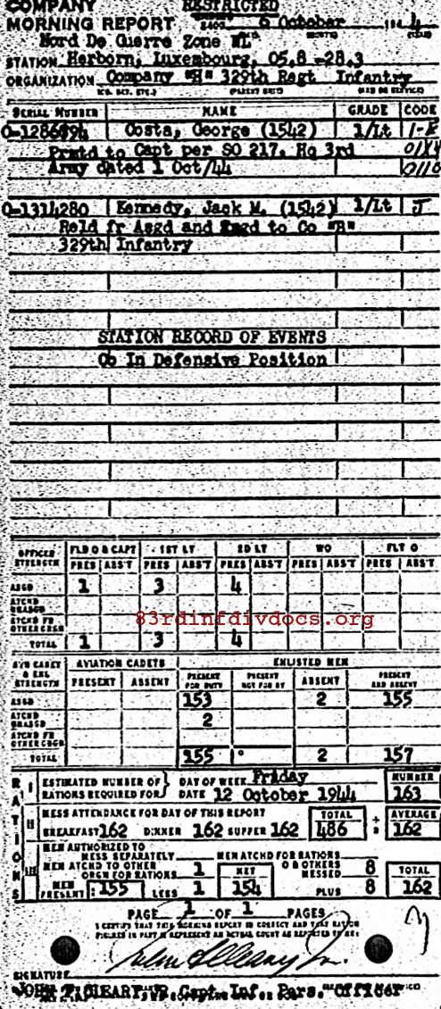 Morning report H Co, 1944-10-06, page 1 Morning report