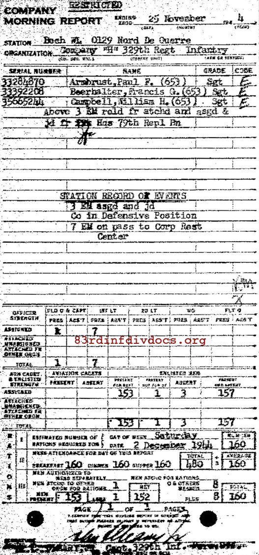 Morning report H Co, 1944-11-25, page 1 Morning report