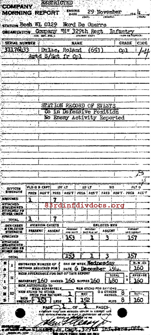 Morning report H Co, 1944-11-29, page 1 Morning report