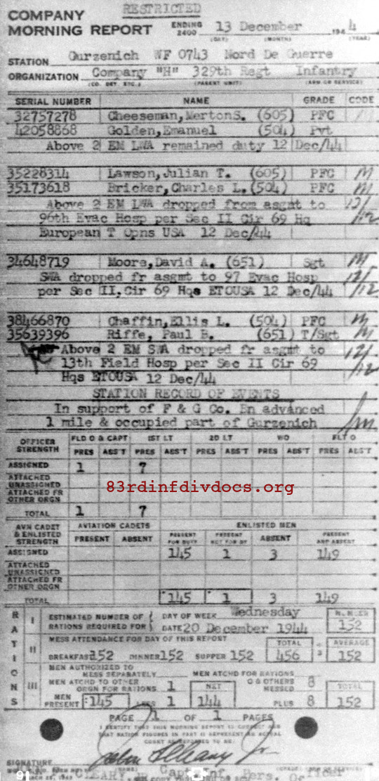 Morning report H Co, 1944-12-13, page 1 Morning report