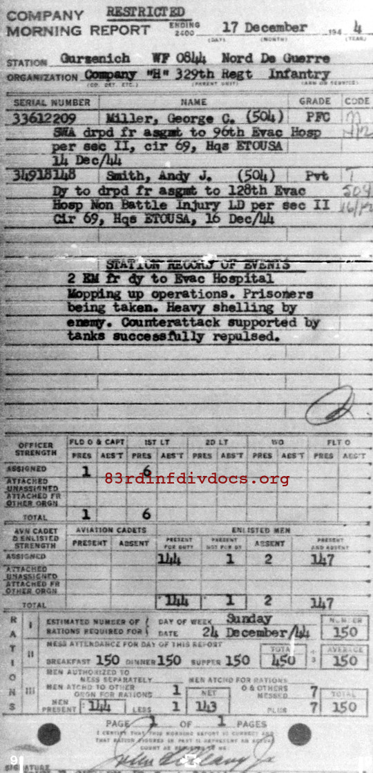 Morning report H Co, 1944-12-17, page 1 Morning report