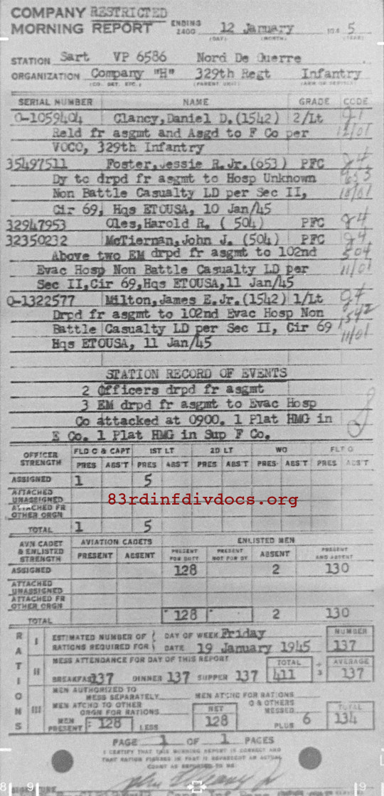 Morning report H Co, 1945-01-12, page 1 Morning report