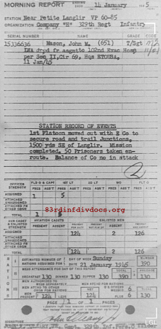 Morning report H Co, 1945-01-14, page 1 Morning report