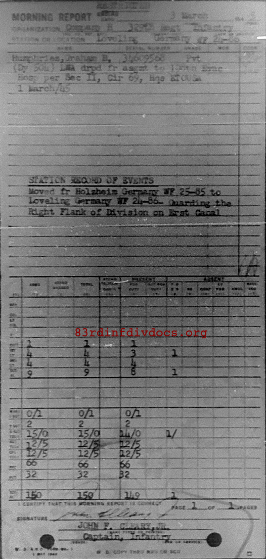Morning report H Co, 1945-03-03, page 1 Morning report