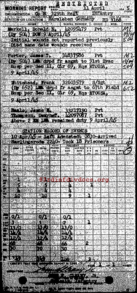 Morning report H Co, 1945-04-11, page 1 Morning report