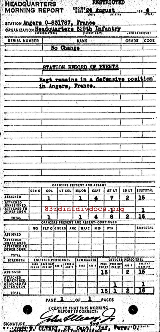 Morning report HQ Co, 1944-08-24, page 1 Morning report