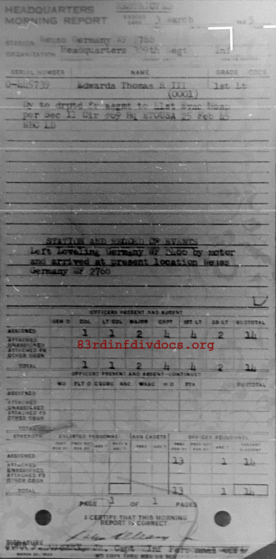 Morning report HQ Co, 1945-03-03, page 1 Morning report