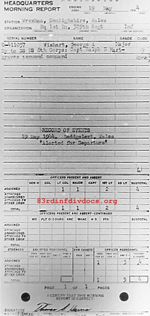Morning report HQ1BN Co, 1944-05-19, page 1 Morning report