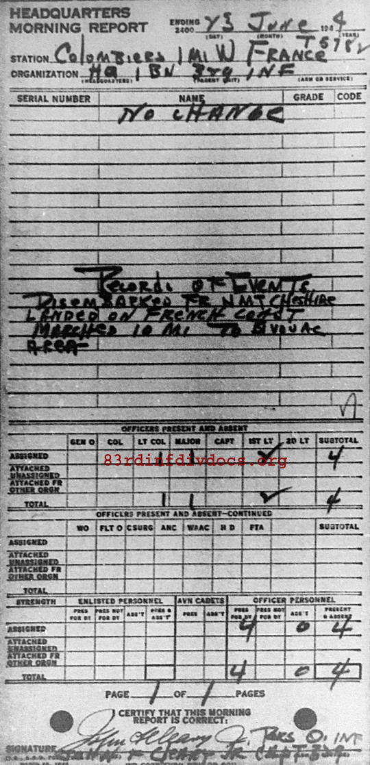 Morning report HQ1BN Co, 1944-06-23, page 1 Morning report