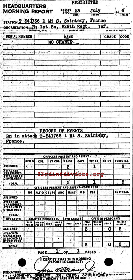 Morning report HQ1BN Co, 1944-07-13, page 1 Morning report