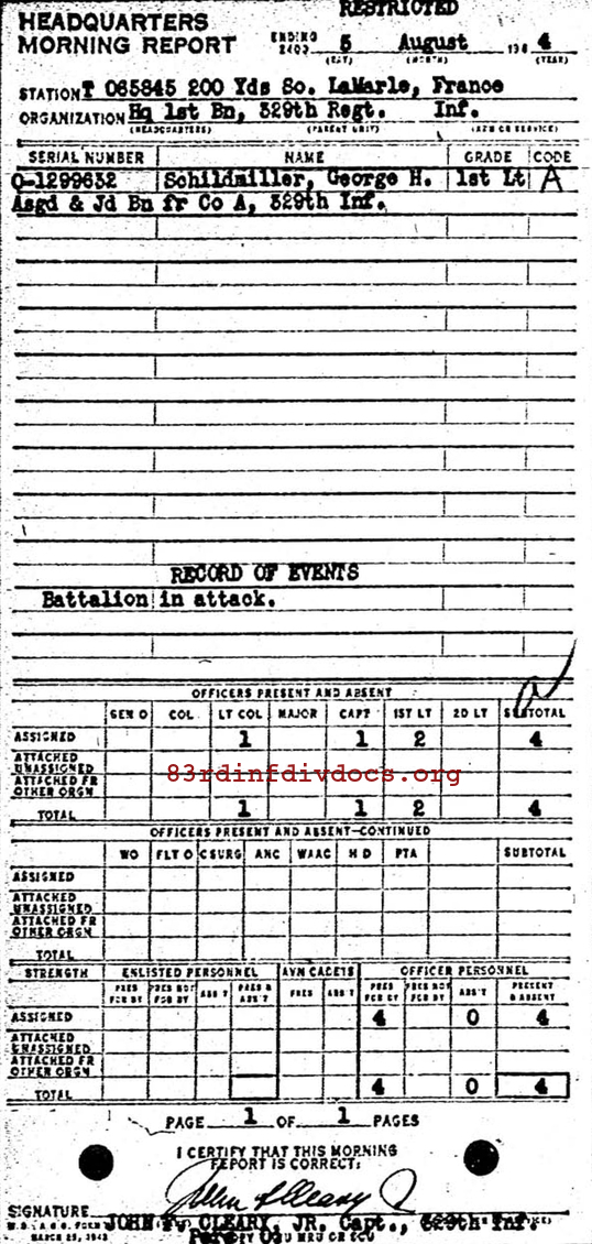 Morning report HQ1BN Co, 1944-08-05, page 1 Morning report