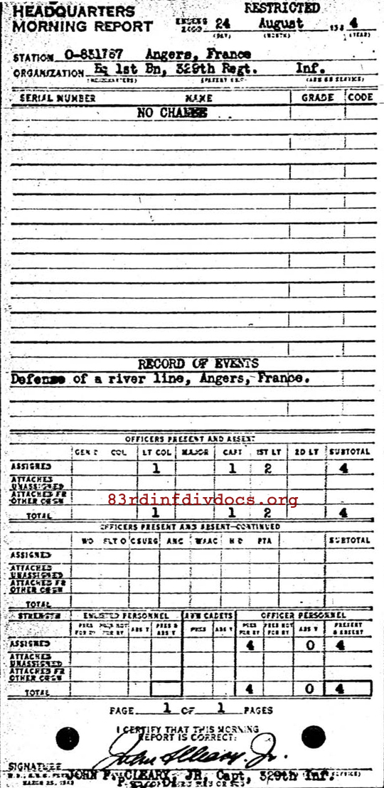 Morning report HQ1BN Co, 1944-08-24, page 1 Morning report