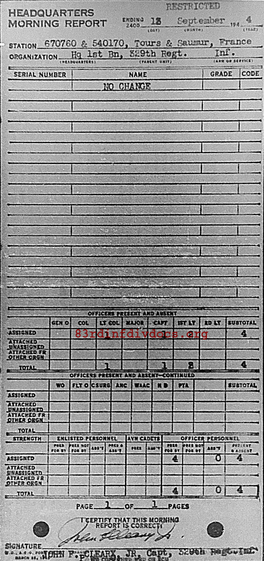Morning report HQ1BN Co, 1944-09-13, page 1 Morning report