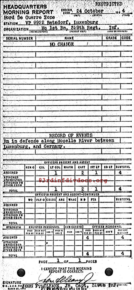 Morning report HQ1BN Co, 1944-10-24, page 1 Morning report