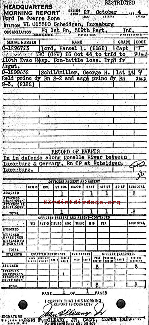 Morning report HQ1BN Co, 1944-10-27, page 1 Morning report