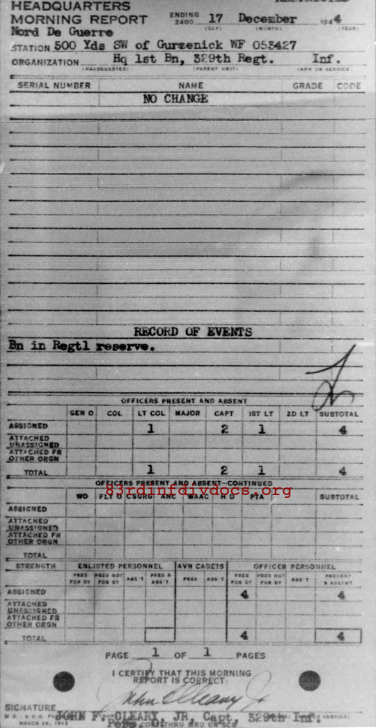 Morning report HQ1BN Co, 1944-12-17, page 1 Morning report
