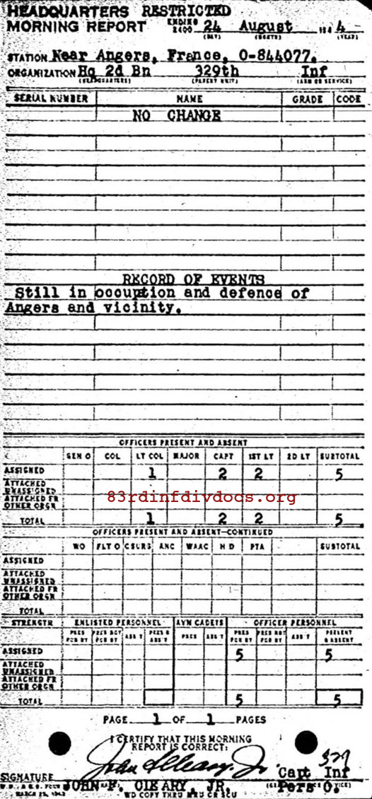 Morning report HQ2BN Co, 1944-08-24, page 1 Morning report