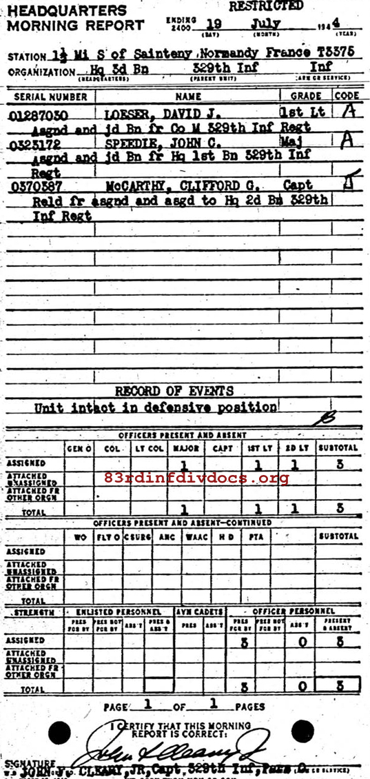 Morning report HQ3BN Co, 1944-07-19, page 1 Morning report