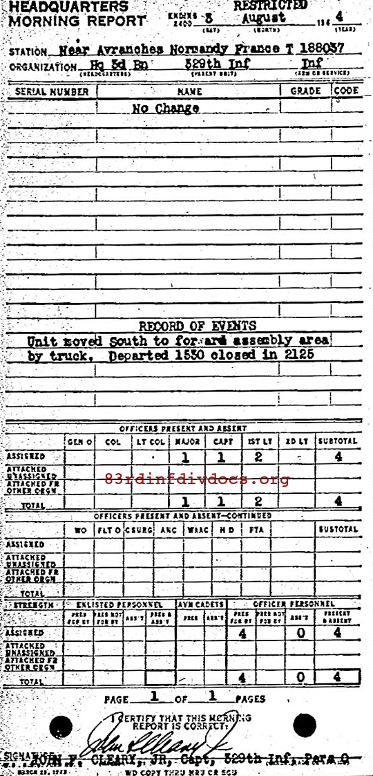 Morning report HQ3BN Co, 1944-08-03, page 1 Morning report