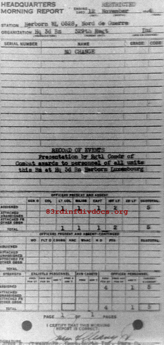 Morning report HQ3BN Co, 1944-11-12, page 1 Morning report