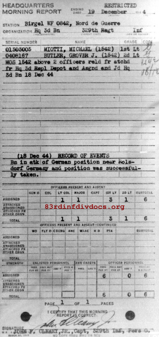 Morning report HQ3BN Co, 1944-12-19, page 1 Morning report