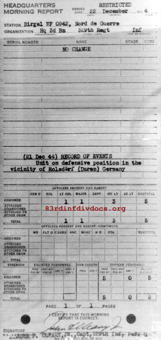 Morning report HQ3BN Co, 1944-12-22, page 1 Morning report