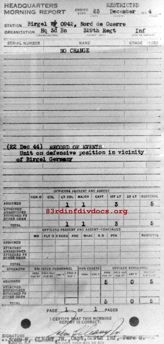 Morning report HQ3BN Co, 1944-12-23, page 1 Morning report