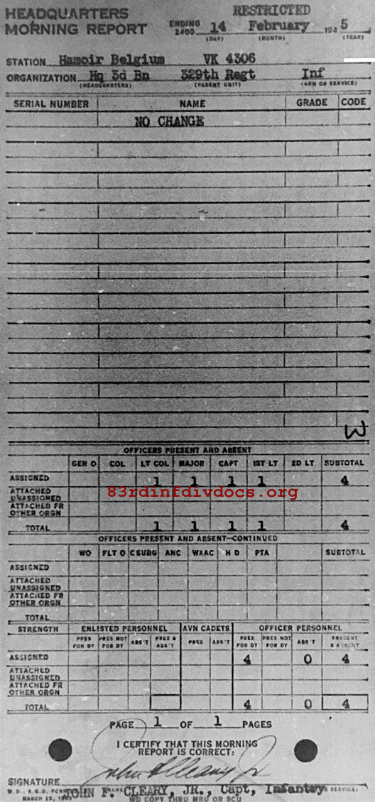 Morning report HQ3BN Co, 1945-02-14, page 1 Morning report