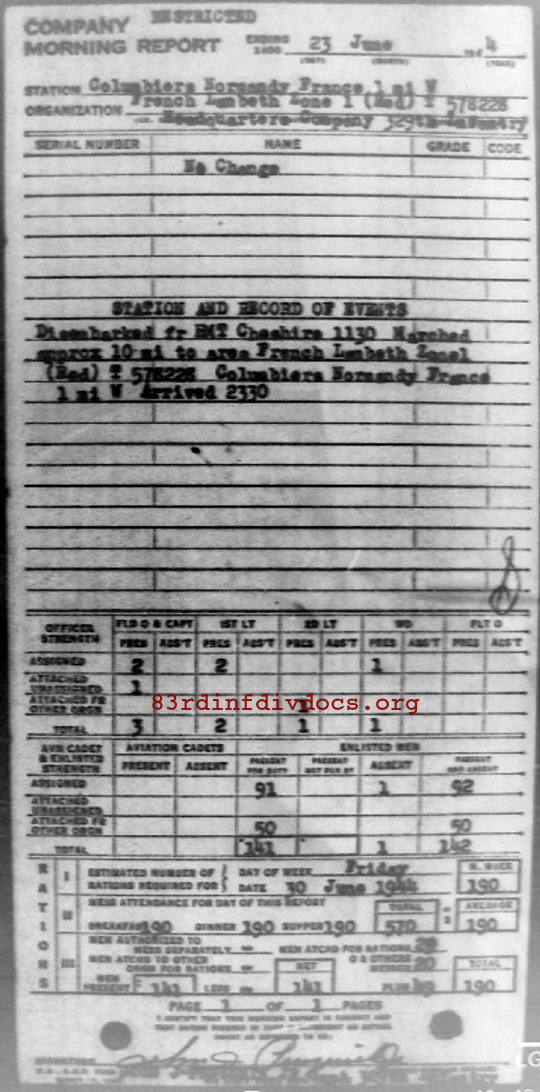 Morning report HQCO Co, 1944-06-23, page 1 Morning report