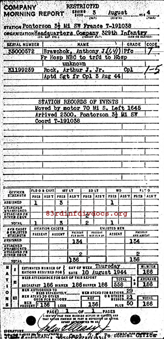 Morning report HQCO Co, 1944-08-03, page 1 Morning report