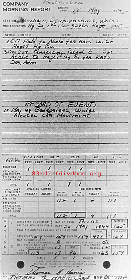 Morning report HQCO1BN Co, 1944-05-18, page 1 Morning report