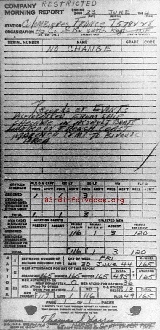 Morning report HQCO1BN Co, 1944-06-23, page 1 Morning report