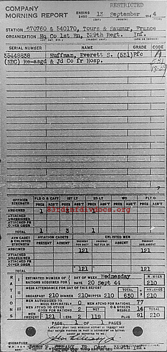 Morning report HQCO1BN Co, 1944-09-13, page 1 Morning report
