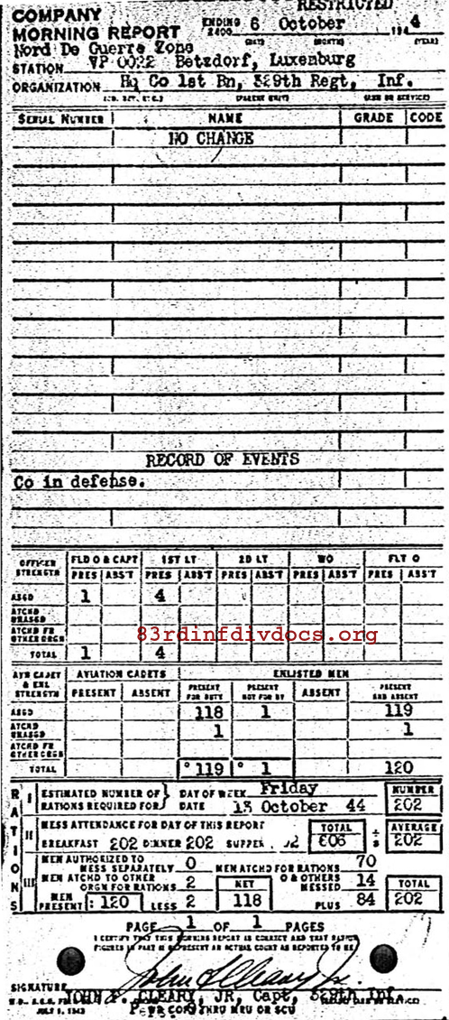 Morning report HQCO1BN Co, 1944-10-06, page 1 Morning report