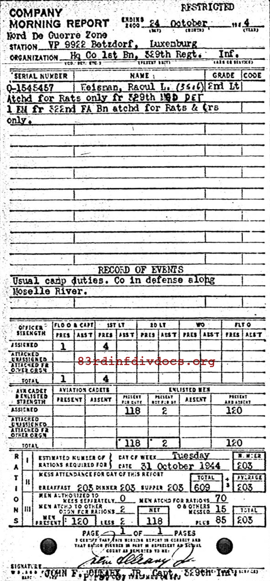 Morning report HQCO1BN Co, 1944-10-24, page 1 Morning report