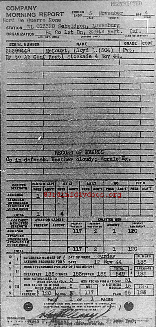 Morning report HQCO1BN Co, 1944-11-05, page 1 Morning report