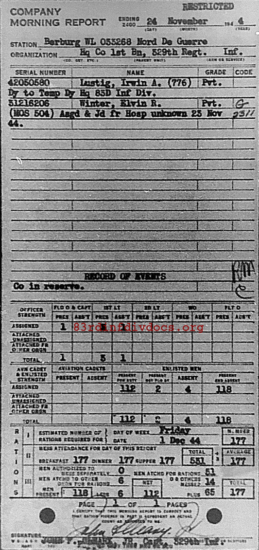 Morning report HQCO1BN Co, 1944-11-24, page 1 Morning report